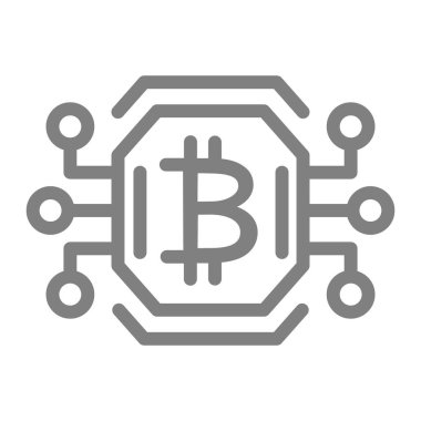 Bitcoin yonga çizgisi simgesi. Beyaz üzerinde izole edilmiş bitcoin vektör çizimi için video kartı ya da gpu işlemci. Web ve uygulama için tasarlanmış işlemci tasarımı üzerindeki bitcoin işareti. Eps 10.