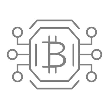 Bitcoin yonga ince çizgi simgesi. Beyaz üzerinde izole edilmiş bitcoin vektör çizimi için video kartı ya da gpu işlemci. Web ve uygulama için tasarlanmış işlemci tasarımı üzerindeki bitcoin işareti. Eps 10.