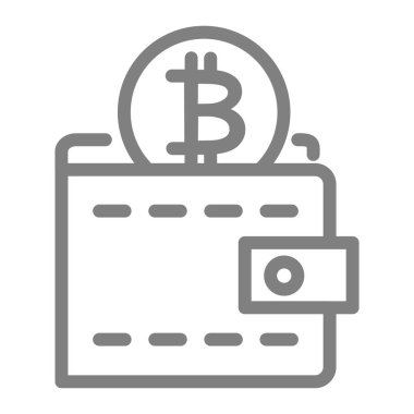 Bitcoin cüzdan çizgisi simgesi. Beyaz üzerine izole edilmiş para vektör illüstrasyonlu cüzdan. Çanta tasarımı, web ve uygulama için tasarlanmış. Eps 10.