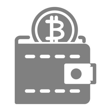 Bitcoin cüzdan katı simge. Beyaz üzerine izole edilmiş para vektör illüstrasyonlu cüzdan. Çanta kabartma tasarımı, web ve uygulama için tasarlanmış. Eps 10.