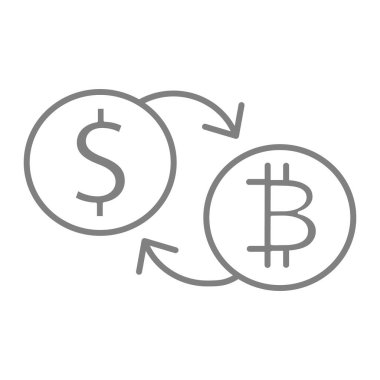 Bitcoin 'den dolara ince çizgi simgesi değişimi. Bitcoin ve dolar sikkeleri beyaz üzerine izole edilmiş vektör illüstrasyonu. Şifreleme tasarımı, web ve uygulama için tasarlanmış. Eps 10.