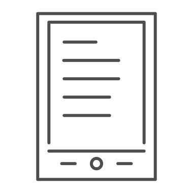 Tablet okuyucu ince çizgi simgesi. Beyaz üzerine izole edilmiş metin vektör illüstrasyonlu dijital tablet. Ebook tasarımı, web ve uygulama için tasarlandı. Eps 10.