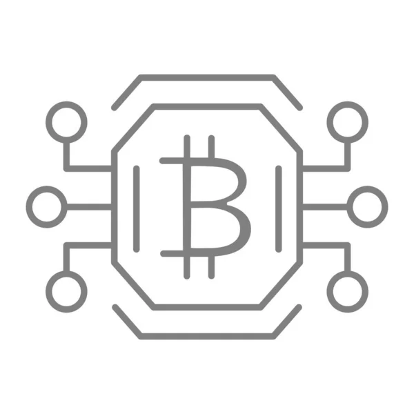 Bitcoin chip delgado icono de línea. Tarjeta de vídeo o procesador gpu para la agricultura bitcoin vector ilustración aislada en blanco. Bitcoin signo en el diseño de estilo de esquema de procesador, diseñado para la web y la aplicación. Eps 10. — Vector de stock