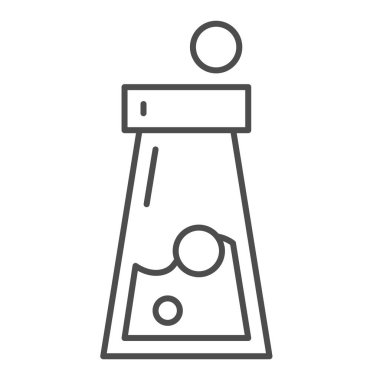 İçinde iksir ve ince çizgi ikonu olan bir şişe. Beyaz baloncuklu içecek vektör illüstrasyonlu. Bir şişe sihirli iksir tasarımı, web ve uygulama için tasarlanmış. Eps 10.