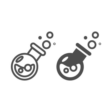 Sihirli iksir şişesi ve sembol. Beyaz baloncuklu içecek vektör illüstrasyonlu. Web ve uygulama için tasarlanmış matara tasarımı iksiri. Eps 10.