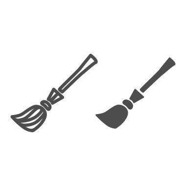 Cadının süpürge hattı ve simgesi. Süpürme web vektör çizimi beyaza izole edildi. Besom tasarımı, web ve uygulama için tasarlandı. Eps 10.