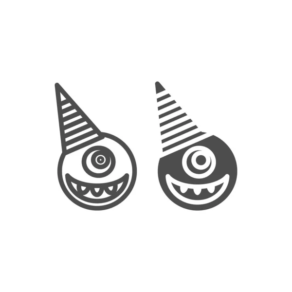 Round one eyed monster in party hat line and glyph icon. Halloween monster vector illustration isolated on white. Creature outline style design, designed for web and app. Eps 10. — Stock Vector