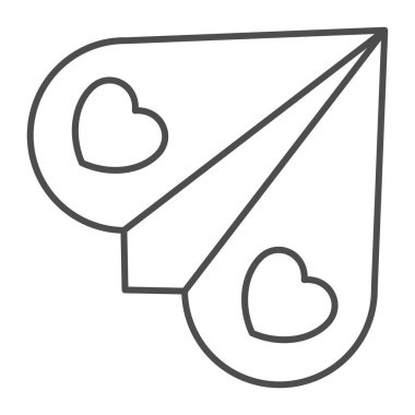 Kalp şeklinde uçak, ince çizgi ikonu, Sevgililer Günü konsepti, beyaz arka planda kalp işareti olan kağıt uçak, cep telefonu ve internet için uçak ikonu gibi uçan kalpler. Vektör grafikleri.