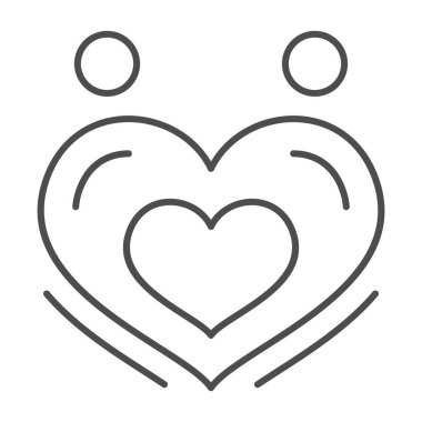 İki sevgili ince bir kalp çizgisi ikonu, Sevgililer Günü konsepti, beyaz arka planda romantik ilişki işareti, birbirine aşık iki insan kalp sembolü oluşturuyor. Vektör grafikleri.