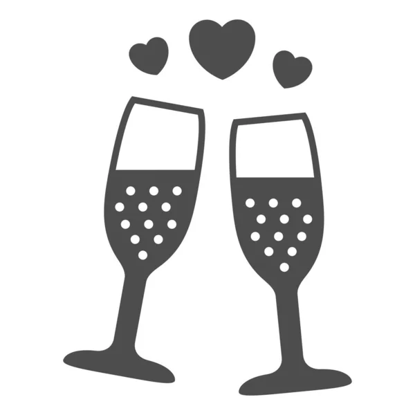 Champagner im Glas mit Herz solide Symbol, Valentinstag Konzept, zwei Gläser funkelnder Champagner Zeichen auf weißem Hintergrund, romantisches Abendessen Symbol in Glyph-Stil. Vektorgrafik. — Stockvektor
