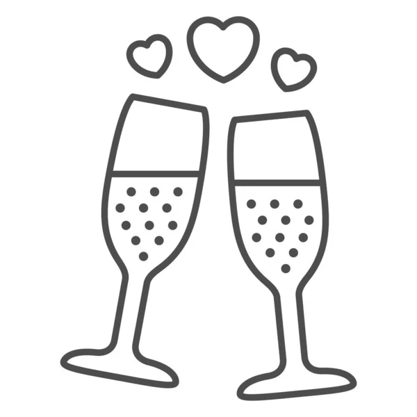 Champagner im Glas mit Herz-Ikone, Valentinstag-Konzept, zwei Gläser prickelnder Champagner auf weißem Hintergrund, romantisches Dinner-Ikone im Umriss-Stil. Vektorgrafik. — Stockvektor