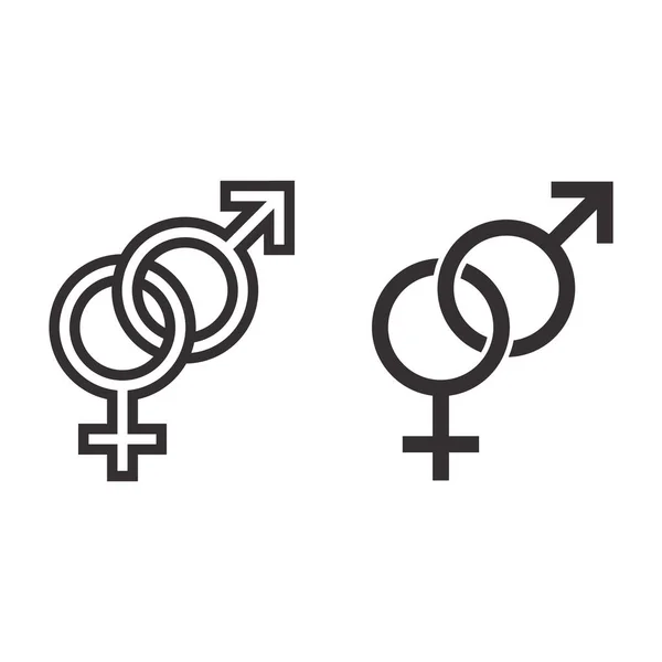 Гетеросексуальні символи лінії і твердої ікони, концепт Валентинів день, чоловічий і жіночий знак на білому тлі, символ гендеру в контурному стилі для мобільного концепту і веб-дизайну. Векторна графіка. — стоковий вектор