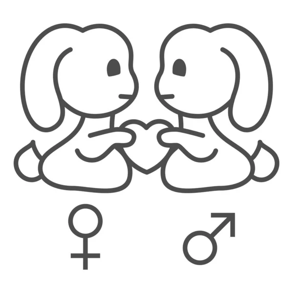 Dos conejitos cariñosos icono de línea delgada, el concepto del Día de San Valentín, dos liebres y símbolos de la heterosexualidad sobre fondo blanco, conejos de San Valentín en el icono del amor en el estilo del esquema. Gráficos vectoriales. — Archivo Imágenes Vectoriales