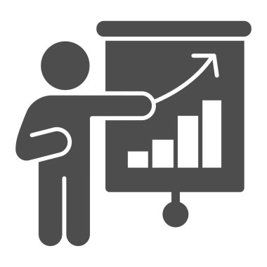 Somut ikonu olan kişi, Corona ters konsepti, beyaz arkaplanda Business Presentation tabelası, kara tahta simgesinde istatistik gösteren adam. Vektör grafikleri.