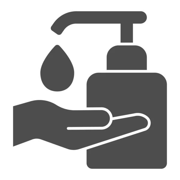 Sanitizer con icona a goccia e mano solida, concetto di declino Corona, persona che fa segno di igiene della mano su sfondo bianco, palmo di lavaggio con icona di sapone liquido in stile glifo. Grafica vettoriale. — Vettoriale Stock