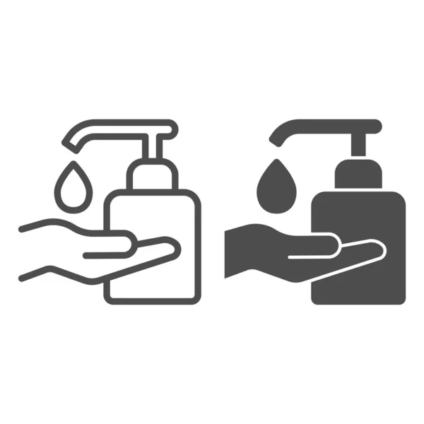 ドロップ&ハンドラインと固体アイコンとサニタイザー、コロナ下降コンセプト、白い背景に手の衛生標識を行う人、アウトラインスタイルで液体石鹸アイコンで手のひらを洗う。ベクトルグラフィックス. — ストックベクタ