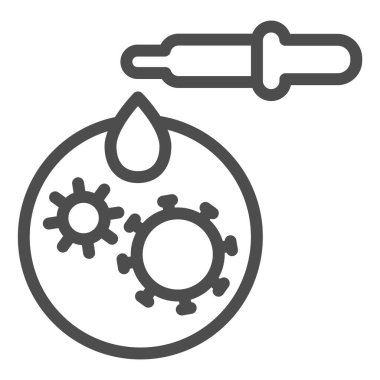 Damla ve bakteri çizgisi ikonlu Pipette, Corona ters konsepti, beyaz arka planda Covid-19 Analiz işareti, Pipette ve Petri çanak ikonu cep telefonu için taslak tarzında. Vektör grafikleri.