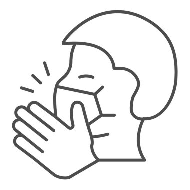 Maskeli, ince çizgi ikonlu öksüren adam, Corona ters konsepti, beyaz arka planda öksürük işareti olan Ağız 'ı örten, el ikonu ile kaplanmış maskeli adam. Vektör grafikleri.