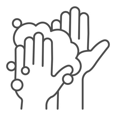 Eller sabunlu köpüklü ince çizgi ikonu, Corona ters konsept, el yıkama işareti beyaz arka plan, Coronavirus ikonuna karşı hijyen koruması mobil ve web için taslak tarzı. Vektör grafikleri.