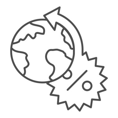 Gezegen ve faiz oranı değişimi ince çizgi simgesi, Corona ters konsept, beyaz arka planda yüzde işareti olan Dünya, dış hatlarda simgesi olan küresel yüzdelik sembol. Vektör.