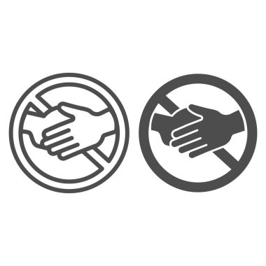 El çizgisi ve sağlam simgeye dokunma yasağı, Corona ters konsepti, beyaz arkaplanda el sıkışma uyarısı işareti, mobil ve web için taslak biçiminde elle dokunmaktan kaçının. Vektör grafikleri.