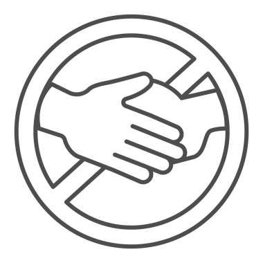 İnce çizgi simgesine dokunma yasağı, Corona ters konsepti, beyaz arkaplanda el sıkışma uyarısı işareti, mobil ve web için el sıkışma biçiminde el simgesine dokunmaktan kaçının. Vektör grafikleri.