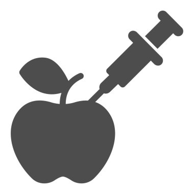 Elma ve şırınga katı ikonu, enjeksiyon konsepti, beyaz arka planda GDO enjeksiyon işareti, mobil konsept ve web tasarımı için elmaya glifli ikon enjekte eden şırınga. Vektör grafikleri.
