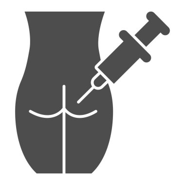 Katı kalça ikonu, enjeksiyon konsepti, beyaz arka planda kas içi enjeksiyon işareti, mobil ağ için hasta kalçası ve şırınga ikonu. Vektör grafikleri.