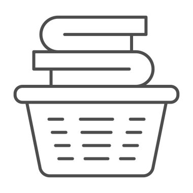 Sepet ince çizgi ikonu, ev konsepti, beyaz zemin üzerinde plastik sepet işareti olan kumaş yığını, mobil konsept için anahat tarzı çamaşır septi ikonu, web tasarımı. Vektör grafikleri.