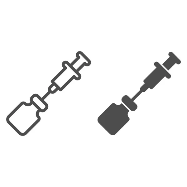 Vaso con linea di vaccini e siringhe e icona solida, concetto di iniezione, segno di protezione contro la vaccinazione su sfondo bianco, Siringa e icona in vetro in stile contorno per dispositivi mobili. Grafica vettoriale. — Vettoriale Stock