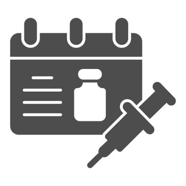 Aşı takvimi ve şırınga katı ikonu, enjeksiyon konsepti, beyaz arka planda aşı takvimi işareti, cep telefonu için hatırlatma ikonu aşılama zamanı. Vektör grafikleri.