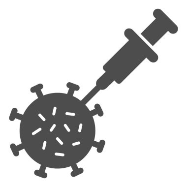 Virüs ve aşı şırıngası katı ikonu, enjeksiyon konsepti, beyaz arka planda aşı işareti, gezici konsept ve web tasarımı için glifli Coronavirus aşı ikonu. Vektör grafikleri.