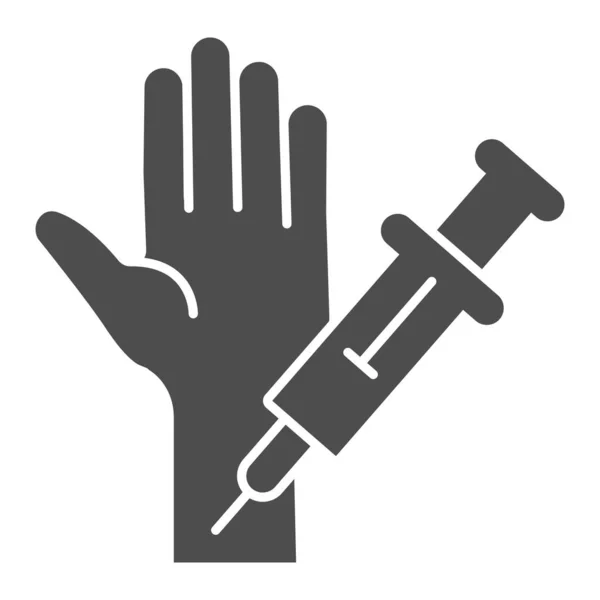 Injektion mit Spritze in der Hand solides Symbol, Injektionskonzept, die Impfung Zeichen auf weißem Hintergrund, Medical Injection Procedure Symbol in Glyph-Stil für mobile, Web. Vektorgrafik. — Stockvektor