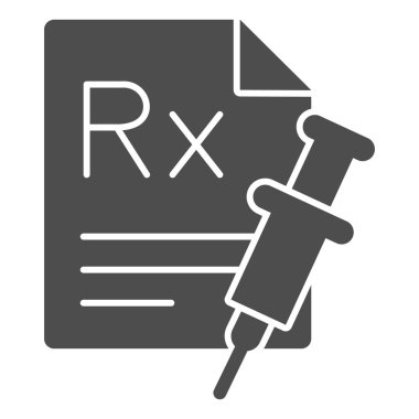 RX reçetesi ve şırınga katı ikonu, enjeksiyon konsepti, beyaz arka planda ağrı kesici reçetesi işareti, glifli şırınga ikonu olan pano. Vektör grafikleri.