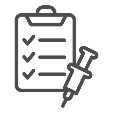 Kontrol listesi ve şırınga çizgisi simgesi, enjeksiyon konsepti, beyaz zemin üzerinde onaylanmış aşı raporu, aşı listesi ve mobil ve web için ana hatlı şırınga ikonu. Vektör grafikleri.