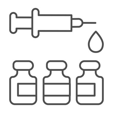 Kavanozda şırınga ve aşı ince çizgi ikonu, enjeksiyon konsepti, beyaz arka planda aşı koruma işareti, şırınga ve mobil için üç cam kavanoz ikonu. Vektör grafikleri.
