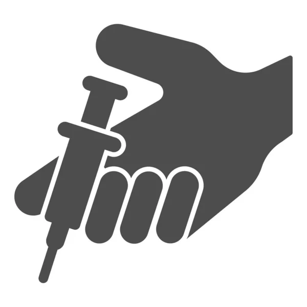 Spritze in der Hand solides Symbol, Injektionskonzept, Medical Injection Procedure Zeichen auf weißem Hintergrund, Hand halten Spritze mit Injektion Symbol in Glyph-Stil für mobile. Vektorgrafik. — Stockvektor
