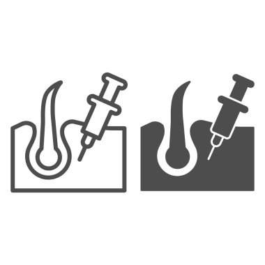 Saç kökü ve şırınga çizgisi ve katı ikon, enjeksiyon konsepti, beyaz arka planda saç dökülmesi işareti, cep telefonu için ana hatlı şırınga ile saç dökülmesi ikonu. Vektör grafikleri.