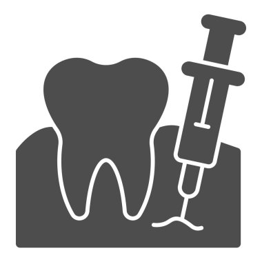 Anestezi iğnesi, sağlam bir ikon, enjeksiyon konsepti, beyaz arka planda diş anestezisi işareti, diş çıkarma ikonu için glifli diş enjeksiyonu. Vektör grafikleri.