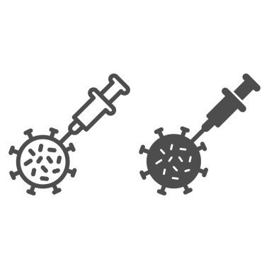 Virüs ve aşı şırınga hattı ve katı ikon, enjeksiyon konsepti, beyaz arka planda aşı işareti, gezici konsept ve web tasarımı için Coronavirus aşı ikonu. Vektör grafikleri.