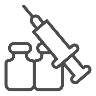 Aşı kavanozları ve şırınga çizgisi ikonu, enjeksiyon konsepti, beyaz arka planda aşı koruma tabelası, şırınga ve mobil modda iki cam kavanoz ikonu. Vektör grafikleri.