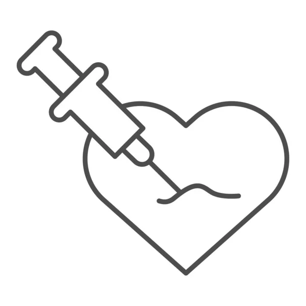 Heart injected with syringe thin line icon, injections concept, first aid care sign on white background, Syringe with heart icon in outline style for mobile and web design. Vector graphics. — Stock Vector