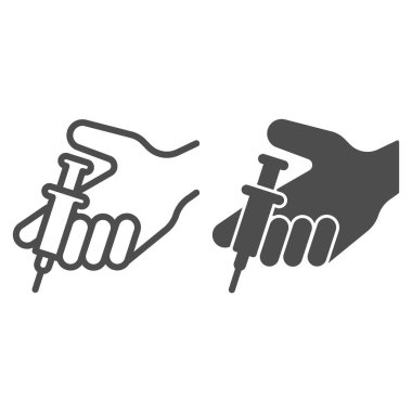 El hattında şırınga ve sağlam bir ikon, enjeksiyon konsepti, beyaz arka planda tıbbi enjeksiyon prosedürü işareti, cep telefonu için ana hatlarıyla enjeksiyon ikonu ile el ele tutuşma. Vektör grafikleri.