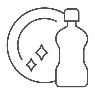 Deterjan şişesi ve tabağı temizleme ikonu, temizlik hizmeti konsepti, beyaz arka planda bulaşık deterjanı ve tabela, deterjan ikonu taslak tarzında hijyenik tabak. Vektör grafikleri.