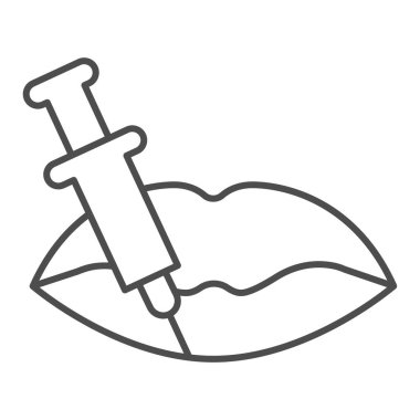 Dudaklar ve şırınga ince çizgi ikonu, enjeksiyon konsepti, beyaz arka planda botoks enjeksiyon işareti, mobil konsept ve web tasarımı için ana hatlı dudak ikonu botoksu. Vektör grafikleri.