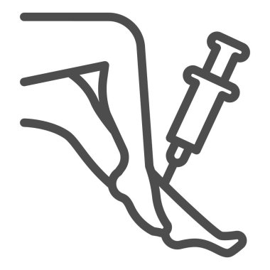 Bacak ve şırınga çizgisi ikonu, enjeksiyon konsepti, beyaz arka planda bacak enjeksiyonu işareti, mobil konsept ve web tasarımı için ana hatlar tarzında bacak ikonu uygulanması. Vektör grafikleri.