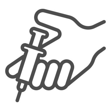 El çizgisi ikonunda şırınga, enjeksiyon konsepti, beyaz arka planda tıbbi enjeksiyon prosedürü işareti, cep telefonu için ana hatlarıyla enjeksiyon ikonu olan şırıngayı tutma. Vektör grafikleri.