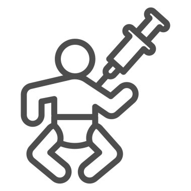 Çocuk ve şırınga çizgisi ikonu, enjeksiyon konsepti, beyaz arka planda pediatrik ameliyat işareti, mobil konsept ve web tasarımı için ana hatlı çocuk ikonu aşısı. Vektör grafikleri.