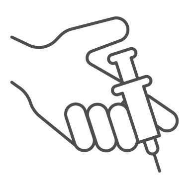 İnce çizgi ikonunda şırınga, enjeksiyon konsepti, beyaz arka planda tıbbi enjeksiyon işareti, cep telefonu için ana hatlarıyla enjeksiyon ikonu olan şırınga. Vektör grafikleri.