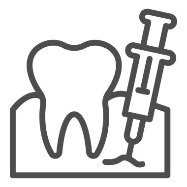 Anestezi şırınga çizgisi ikonu, enjeksiyon konsepti, beyaz arka planda diş anestezisi işareti, diş çıkarma ikonu için dış görünüş ikonu. Vektör grafikleri.